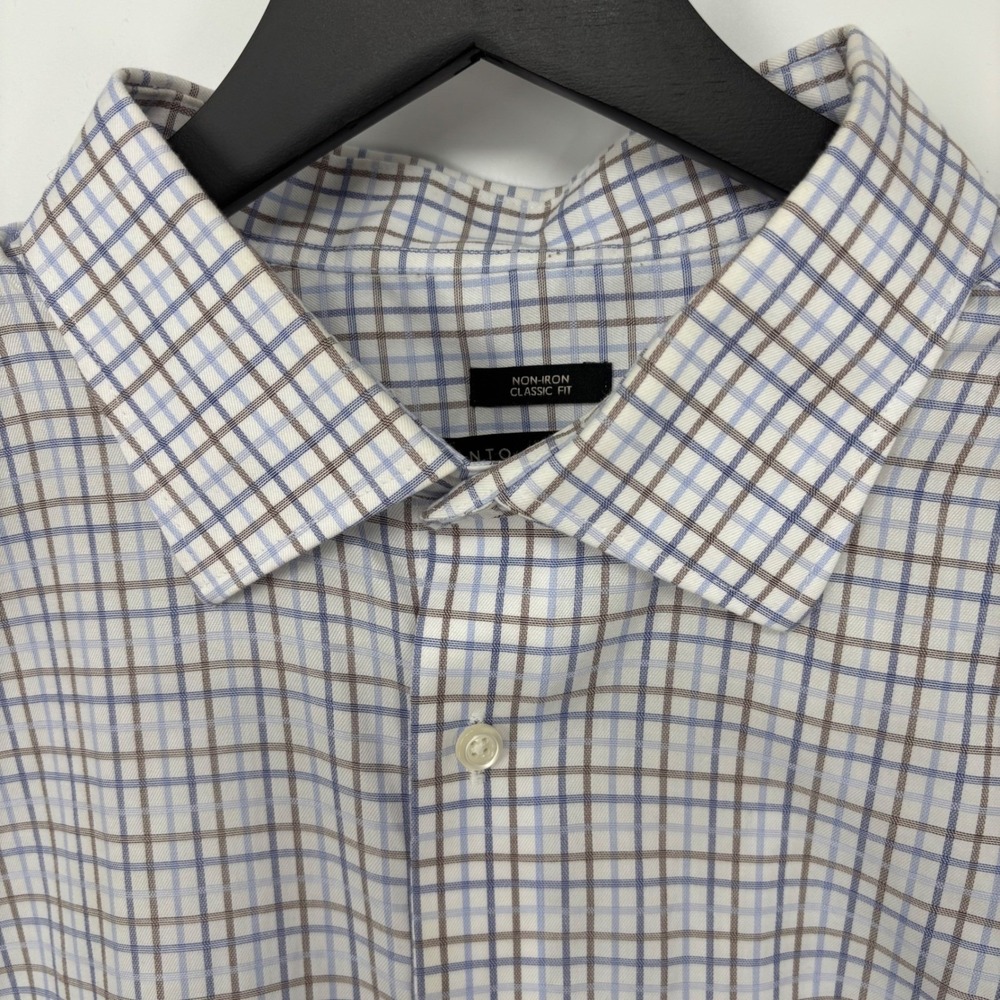Pronto Uomo Button Down Shirt Mens 18 34/35 White Blue Grid Egyptian Cotton Work